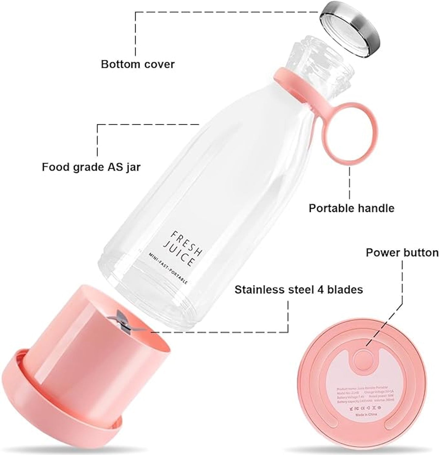 Portable Blender, USB Rechargeable Mini Juicer Blender, Electric Juicer Bottle Blender Grinder Mixer Blender for Juices, Shakes and Smoothies
