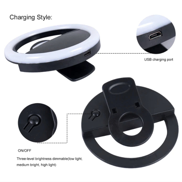 Rechargeable Portable Clip-on Selfie Ring Fill Light with 36 LED for Smart Phone, Photography, Video Etc.