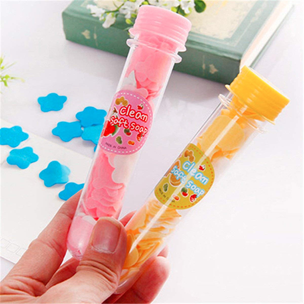 Portable Hand Washing Bath Flower Shape Paper Soap Strips In Test Tube Bottle