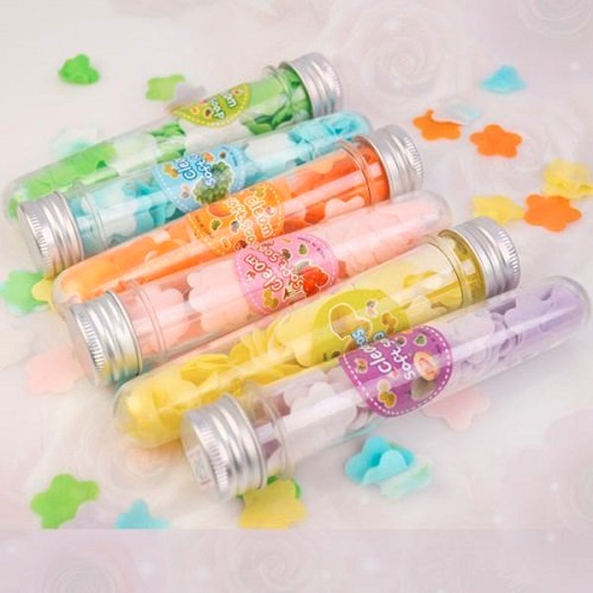 Portable Hand Washing Bath Flower Shape Paper Soap Strips In Test Tube Bottle