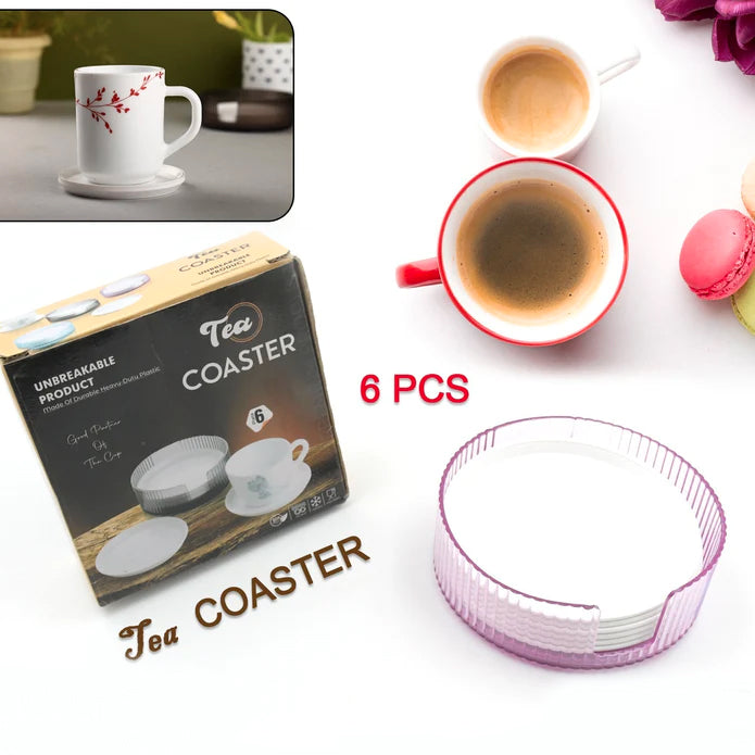 Set of 6 Heavy duty Plastic Coasters Spill Protection with Holder.